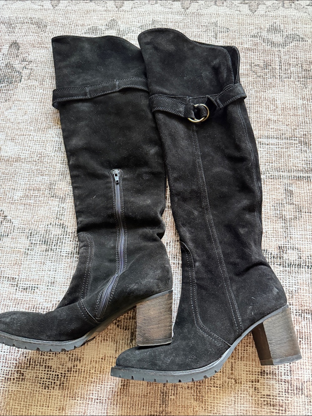 Black Suede Knee-High Block Heel Boots